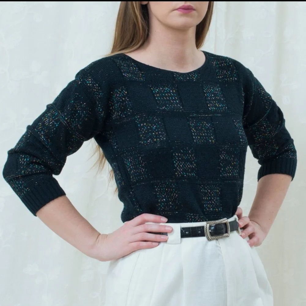 Keneth Too | VTG Jewel Tone Tinsel Check Knit Pattern Crewneck Sweater Top - Picture 10 of 10